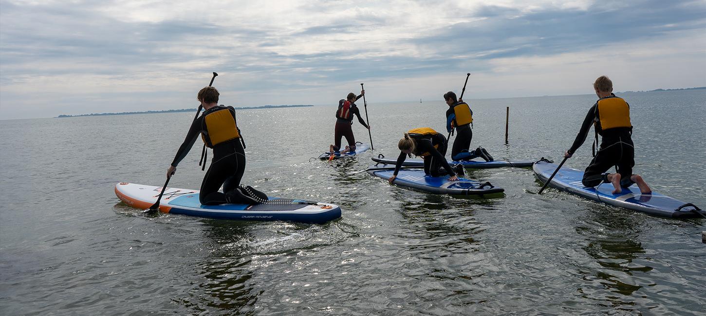 Fem unge mennesker på SUP boards ved Rudkøbing