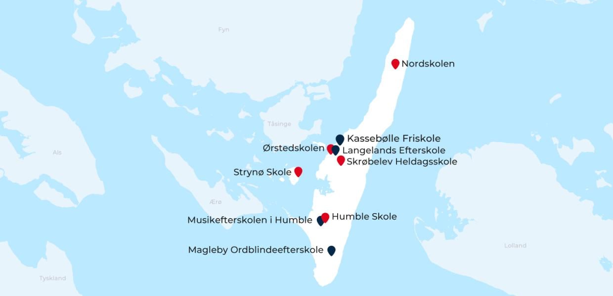 Kort over folkeskoler, efterskole, friskole og specialskole på Langeland og Strynø