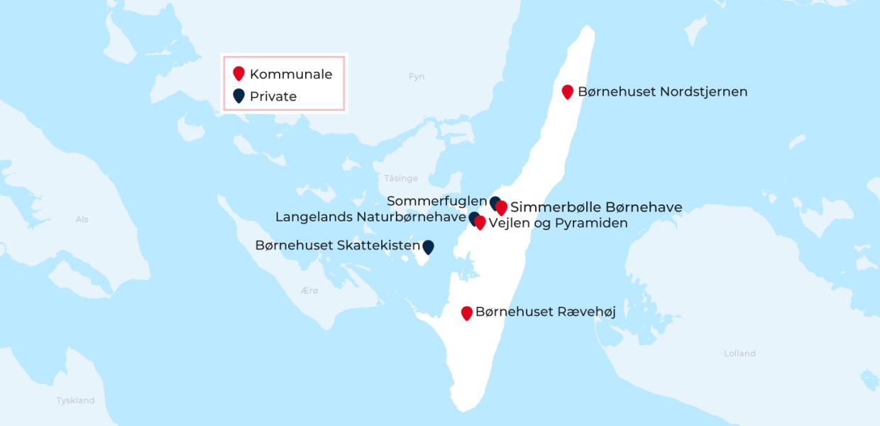 Kortet viser placering af kommunale og private tilbud til børn på Langeland og Strynø